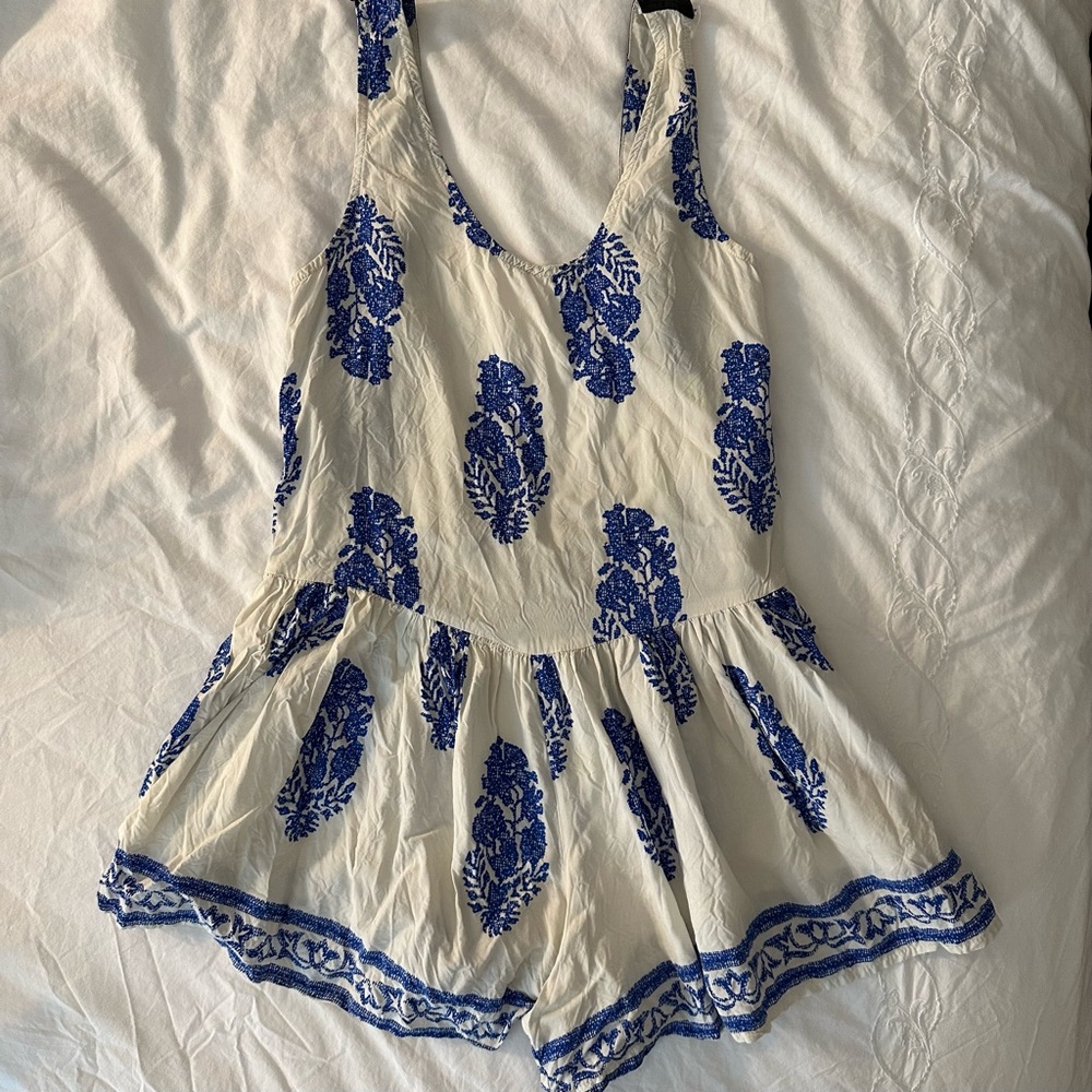 House of Three White and Blue Boho Romper | UK Size 6 / US XS